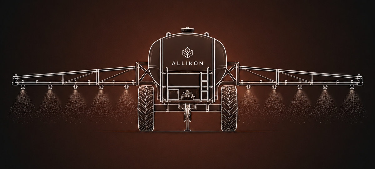 Ilustração técnica de pulverizador ALLIKON com barras e bicos em aplicação